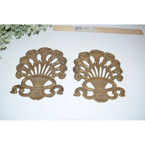 Vtg Art Nouveau Morning Glory Brass Wall Floral Ribbon French Style 2 pc pair Decor